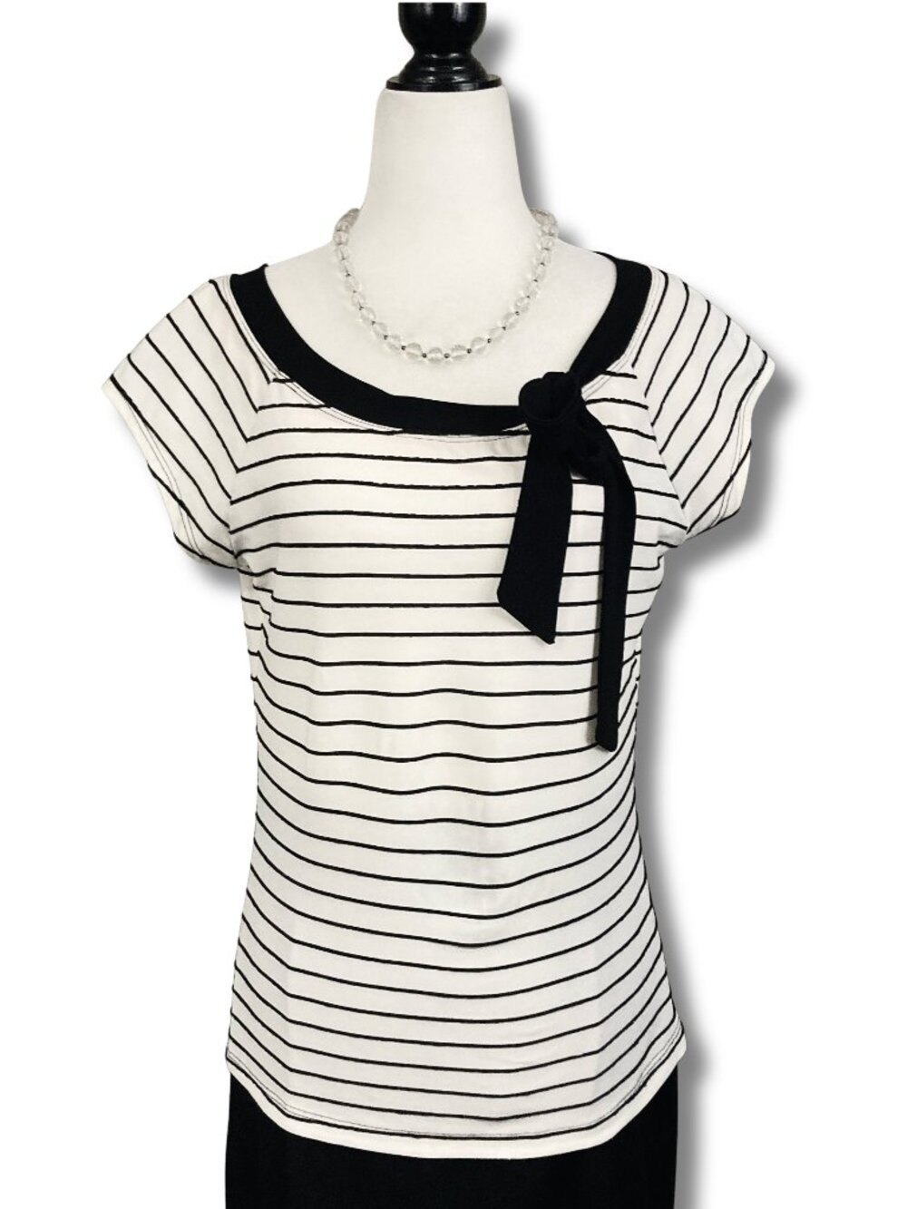 M COLLECTION Vintage black and creamy white striped tie-neck top MEDIUM shirt